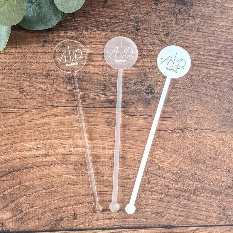 engraved different names on clear / frosted Acrylic Drink Stirrers and Cocktail Swizzle Sticks and Escort Place Cards
