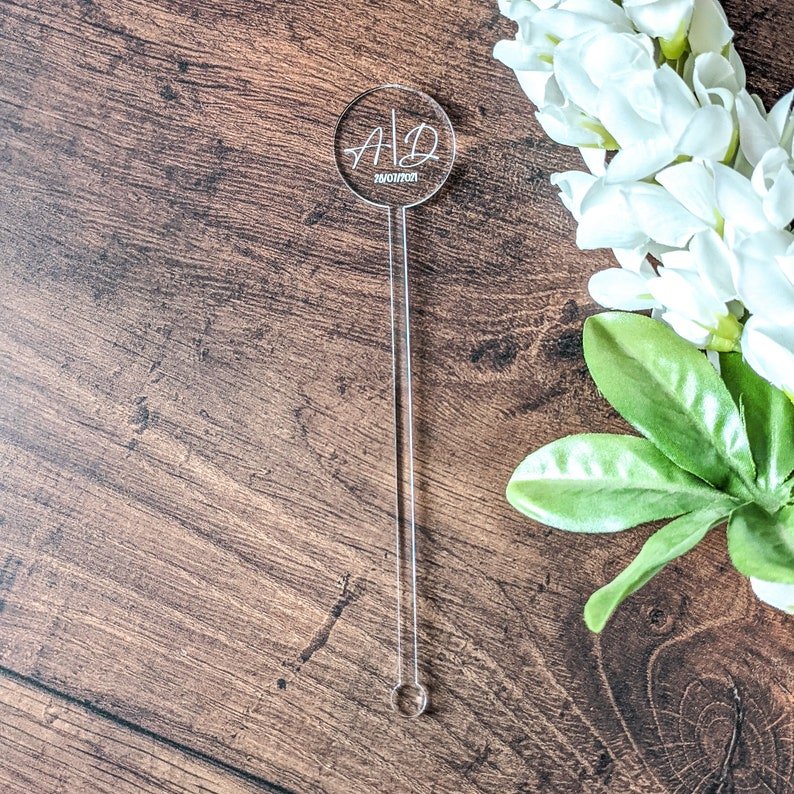 engraved different names on clear / frosted Acrylic Drink Stirrers and Cocktail Swizzle Sticks and Escort Place Cards