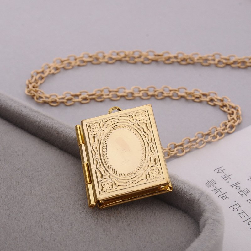 Carved Vintage Book Locket Necklace Secret Hiding Place Photo Locket Necklace Book Box Photo Locket Pendant Necklace