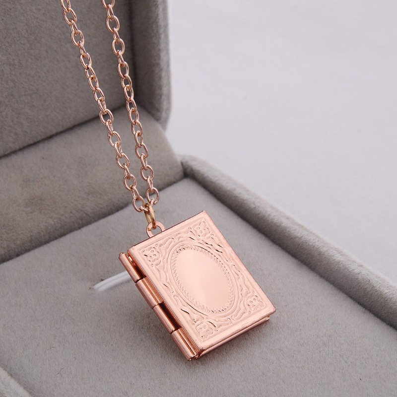 Carved Vintage Book Locket Necklace Secret Hiding Place Photo Locket Necklace Book Box Photo Locket Pendant Necklace