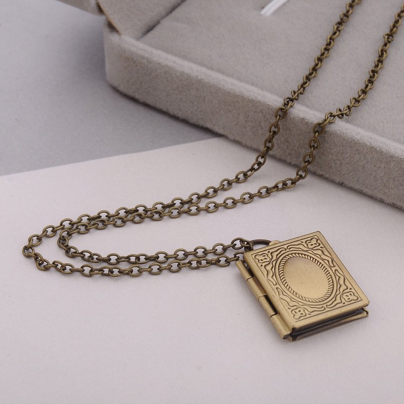 Carved Vintage Book Locket Necklace Secret Hiding Place Photo Locket Necklace Book Box Photo Locket Pendant Necklace