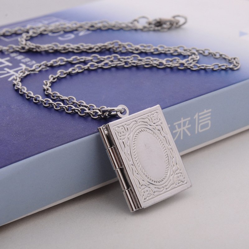 Carved Vintage Book Locket Necklace Secret Hiding Place Photo Locket Necklace Book Box Photo Locket Pendant Necklace