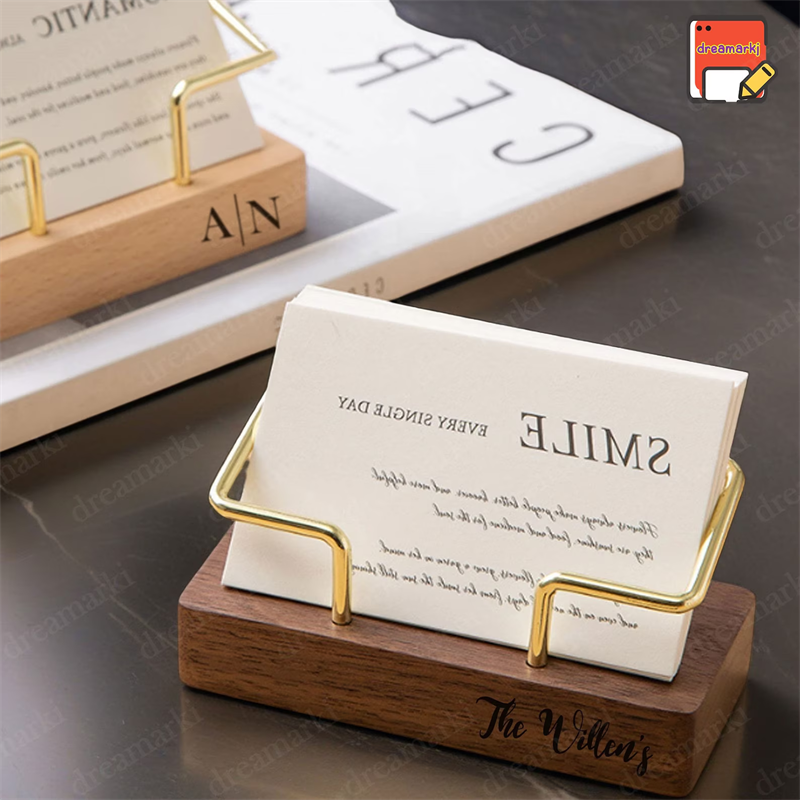 hot selling engraved custom logo office desk place name card display organizer bamboo wood business card stand holder for desk