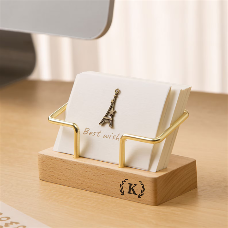 hot selling engraved custom logo office desk place name card display organizer bamboo wood business card stand holder for desk