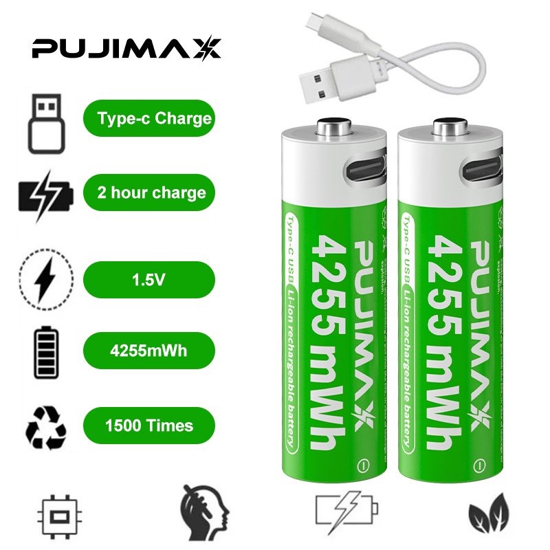 PUJIMAX 2PCS Lithium Battery AA Type C Cable Charging Constant Voltage 1.5V Rechargeable AA Li ion Battery For Security Device