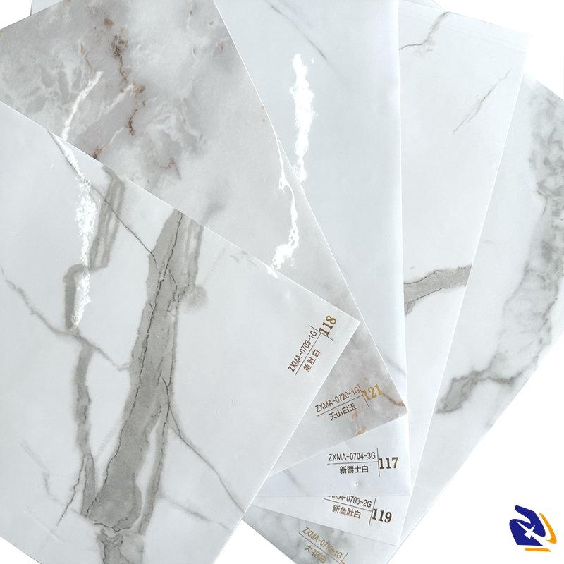 White Marble PVC Foil High Glossy PVC Marble Decorative Films Furniture Decoration Film For Interior Wall Panel Laminating