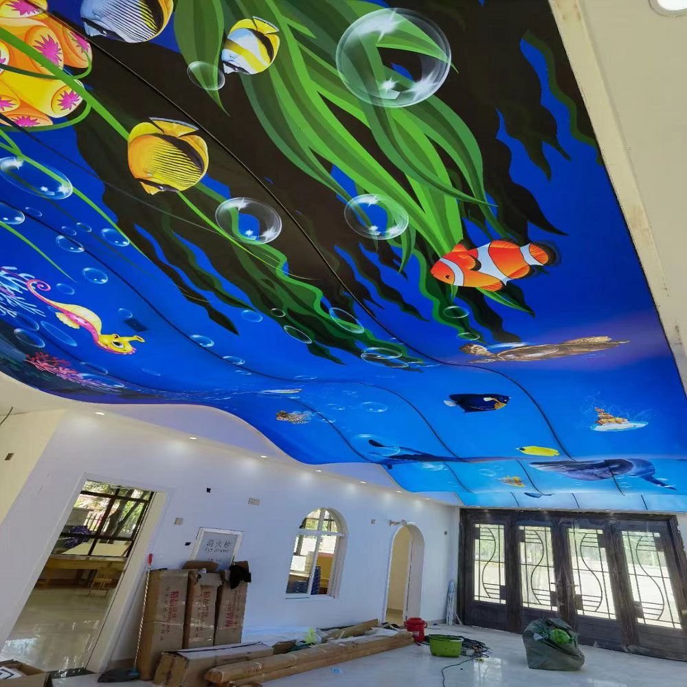 Hot sell India Decorative film tiles morden style PVC stretch ceiling film 3D digital UV printed false ceiling fabric desgin