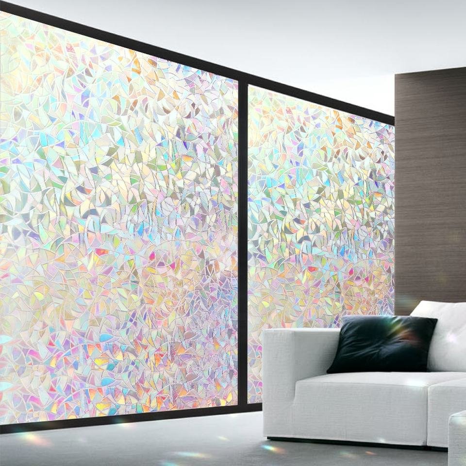 3D Window Privacy Film Rainbow Window Cling Decorative Stained Glass Window Coverings Static Cling Non-Adhesive Removable Film