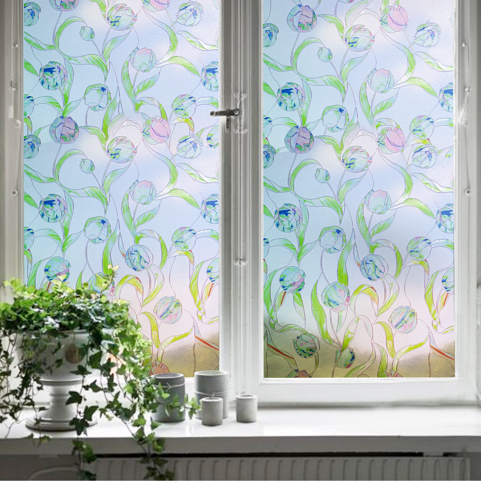Colorful Tulip Flowers Cling Static Window Film Water Proof Glass decoration UV Block