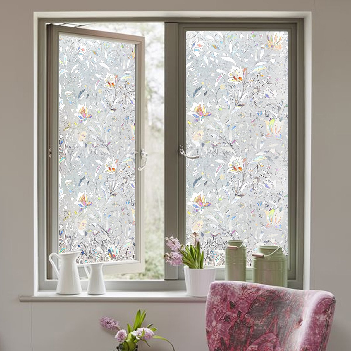 Self adhesive detachable electrostatic adsorption fresh frosted tulip flower window renovation privacy film, home glass film
