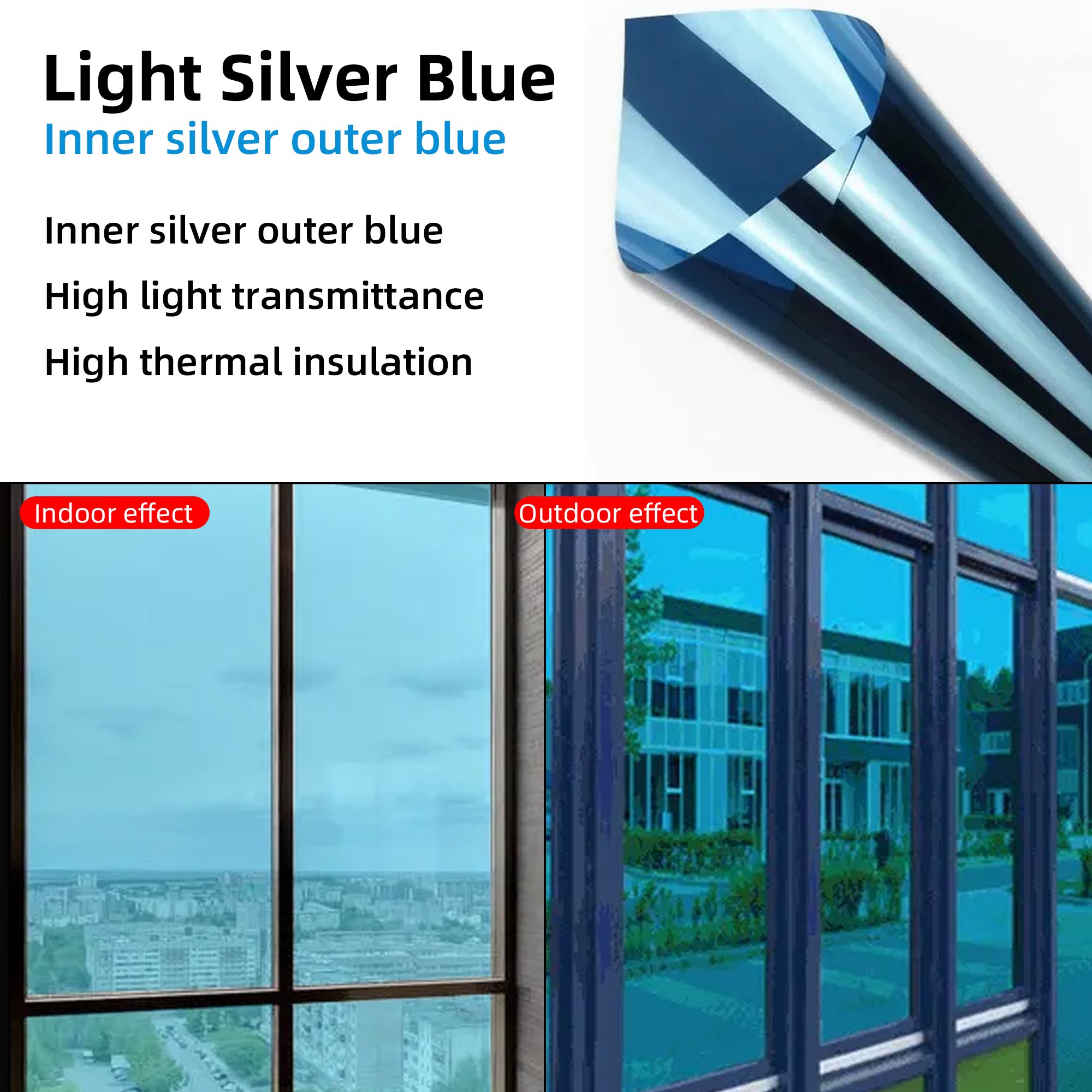One Way Light Blue & Silver Color Effect PET Tint Film Interior Home Decoration Privacy Protection Building Film
