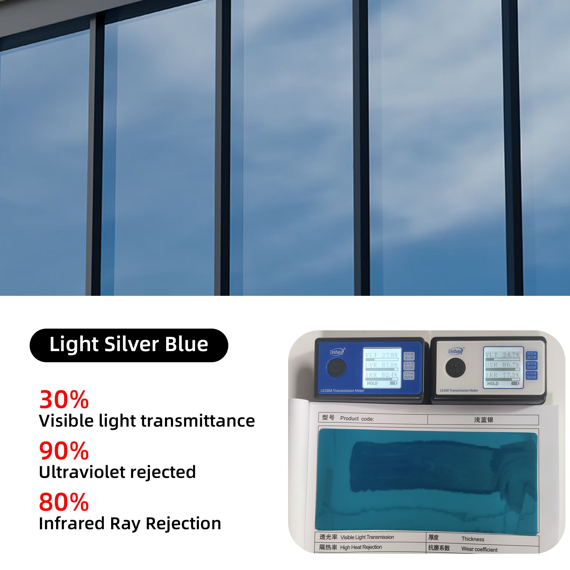 One Way Light Blue & Silver Color Effect PET Tint Film Interior Home Decoration Privacy Protection Building Film