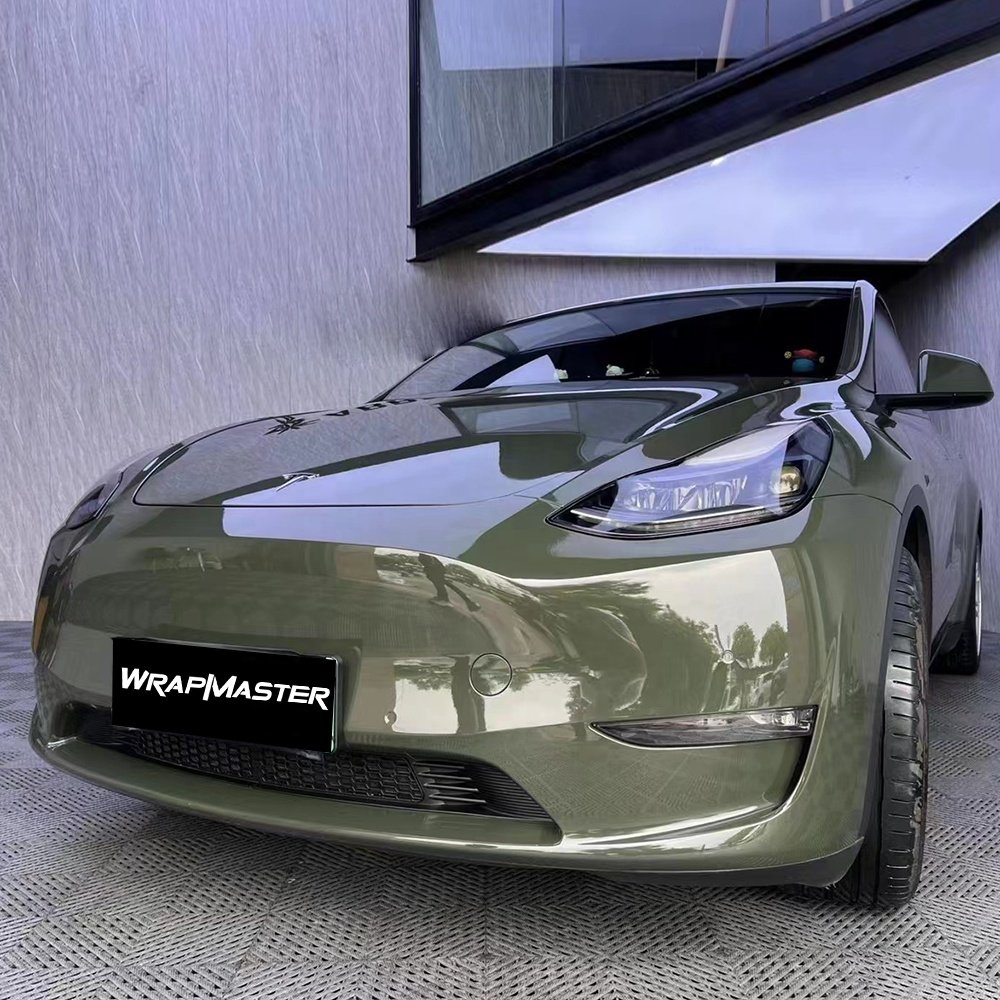 WRAPMASTER 1.52*17m Bubble Free PET Backing Glossy Black Olive Car Wrapping Color Vinyl