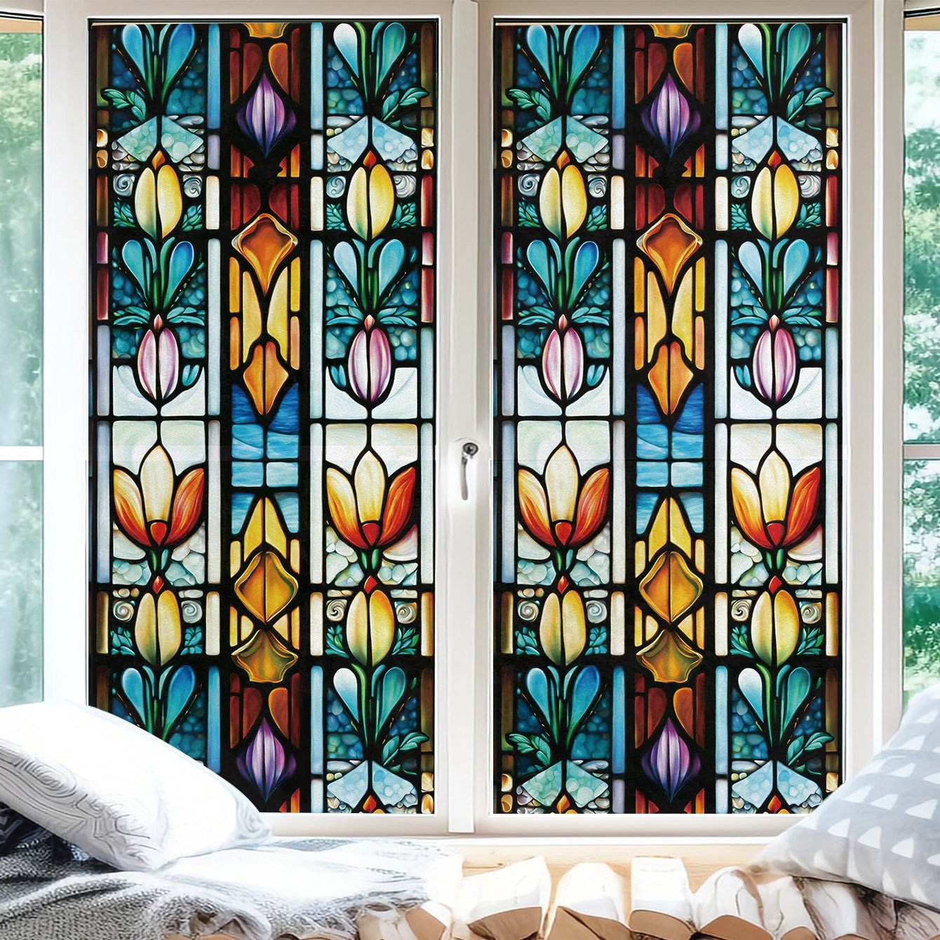 Self adhesive retro thickened watercolor green plant series refurbished electrostatic adsorption glass film, window privacy film