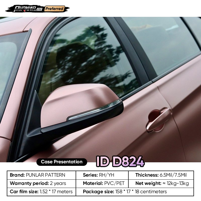 Matte metallic luster Pink Car Wrap Vinyl PET High-Gloss PVC Film 1.52CM Width Car Stickers Waterproof Color-Changing Film