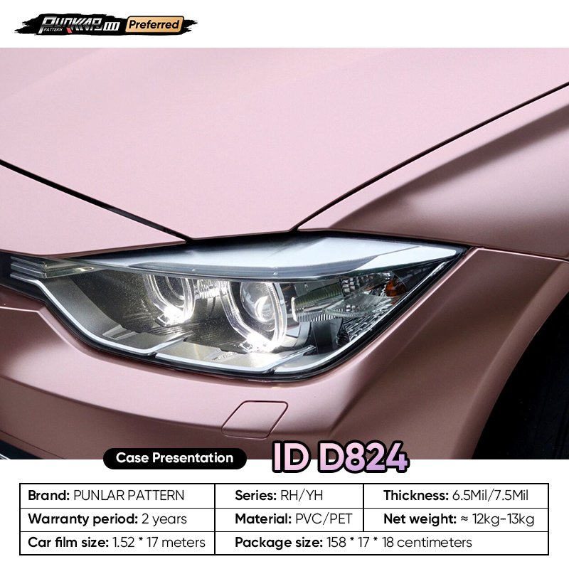 Matte metallic luster Pink Car Wrap Vinyl PET High-Gloss PVC Film 1.52CM Width Car Stickers Waterproof Color-Changing Film