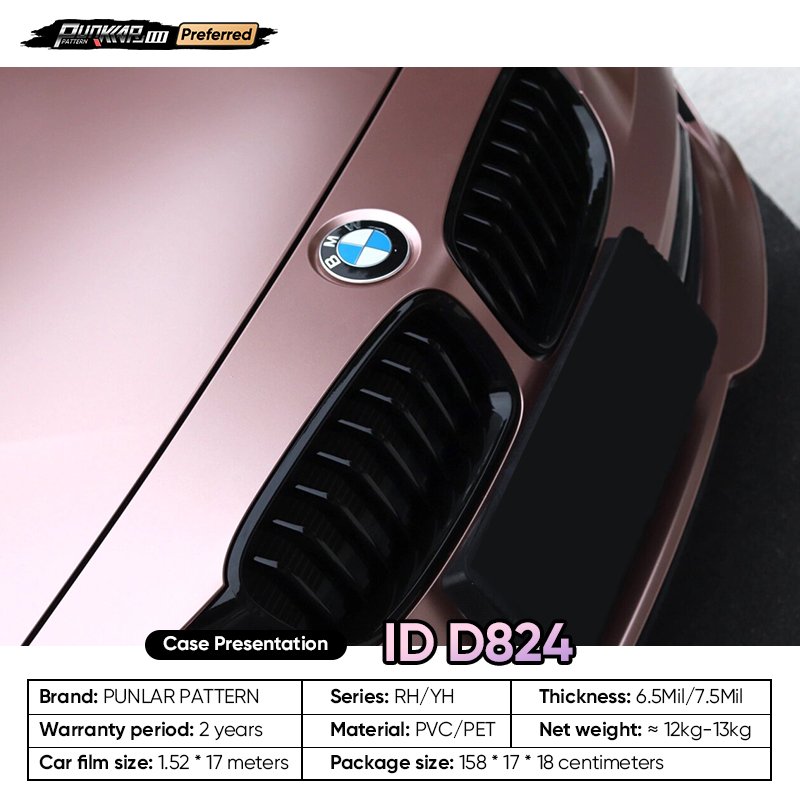 Matte metallic luster Pink Car Wrap Vinyl PET High-Gloss PVC Film 1.52CM Width Car Stickers Waterproof Color-Changing Film