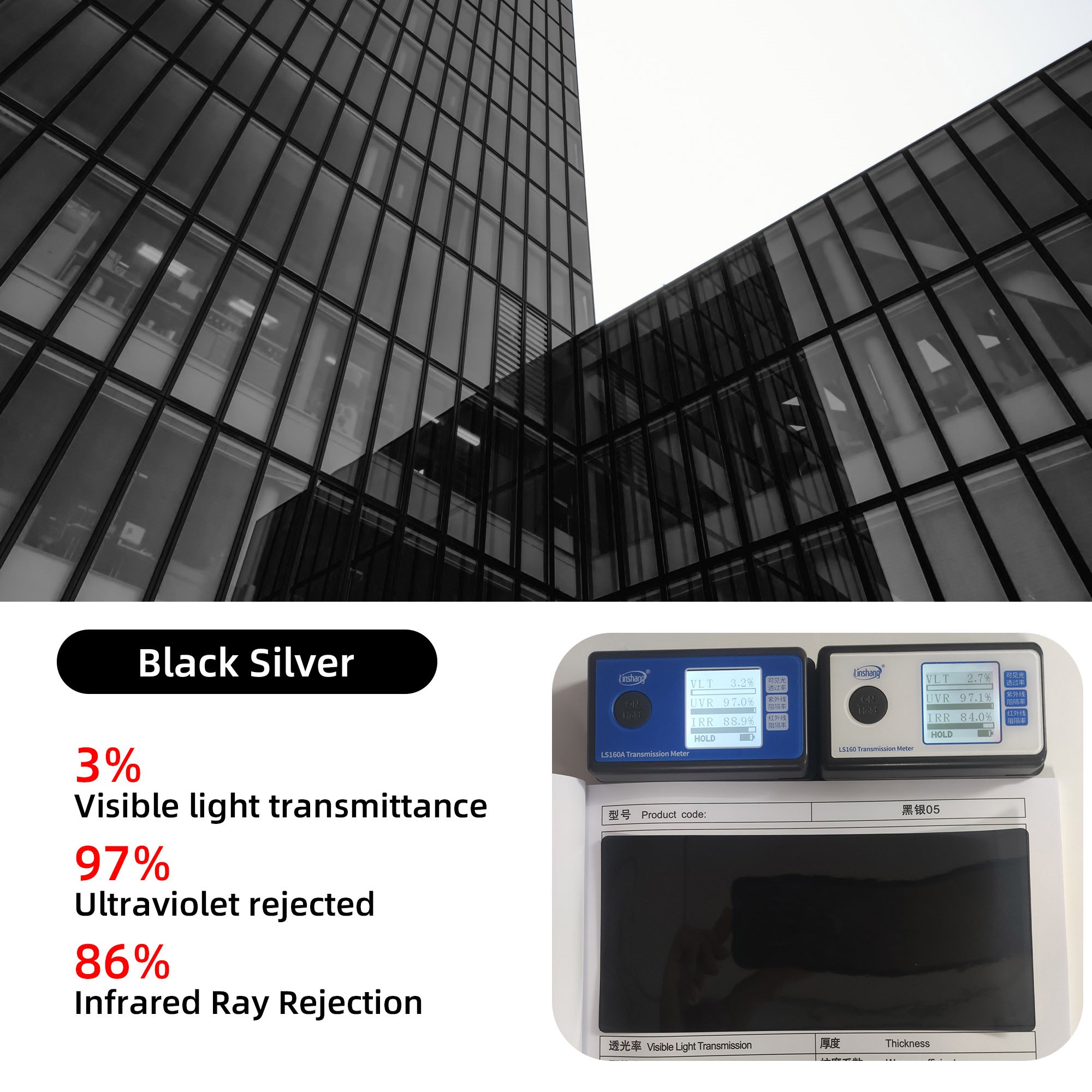 1.52*30M VLT5% One Way Black Silver Building Glass Solar Control Reflective Mirror Effect Decoration Window Tint Film Made PET
