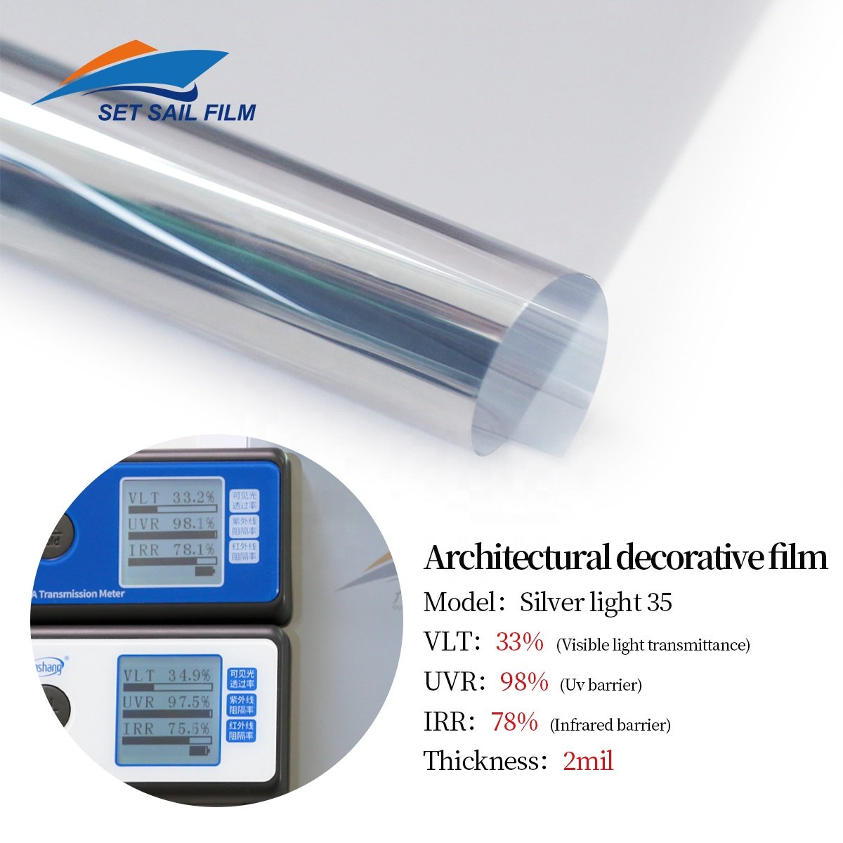 Customized factory Silver Light35 Silver Window Film,One Way Vision Home Office building film,Reflective Solar Tint Film