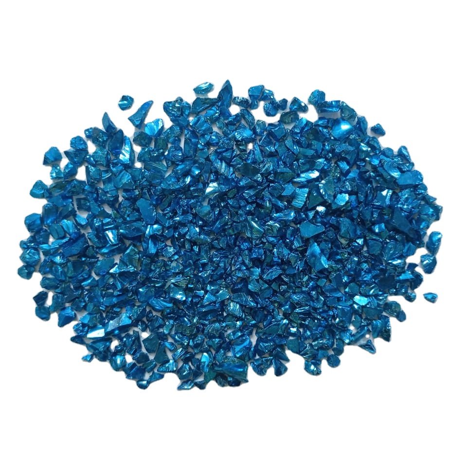 sky blue color coated glass chips with machine polished finished special for art and craft used resin coated glass chips