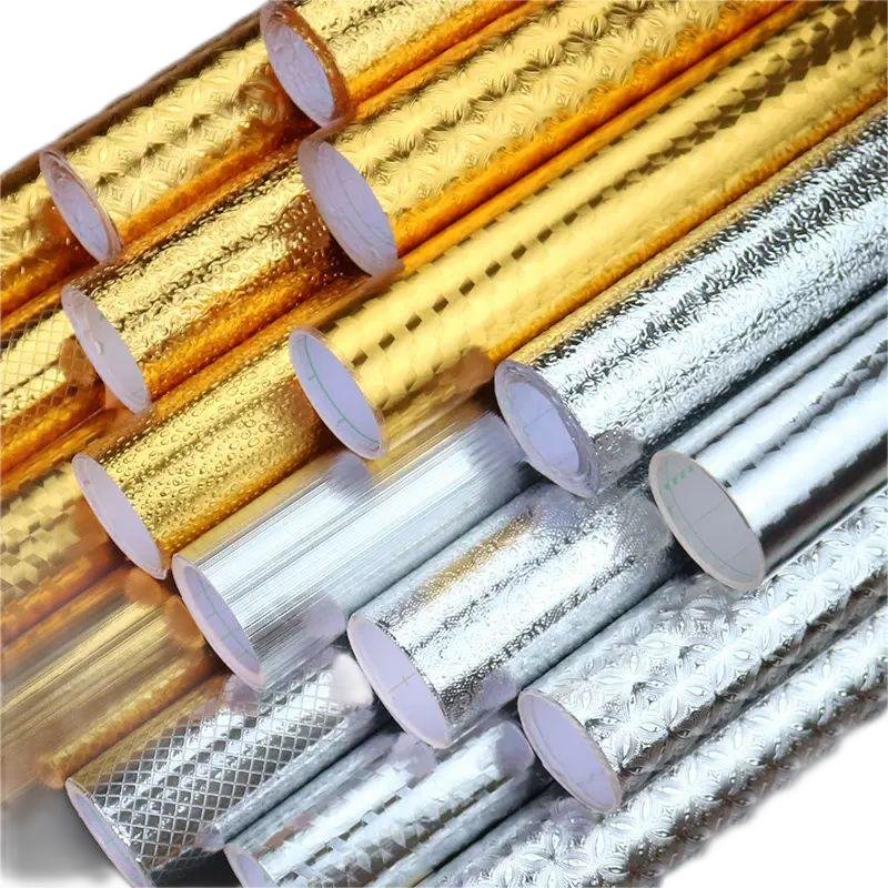 Wholesale Self-Adhesive Silver Embossed PVC Wallpaper Kitchen Oil Proof Wall Covering Furniture Decoration Roll Shape Free