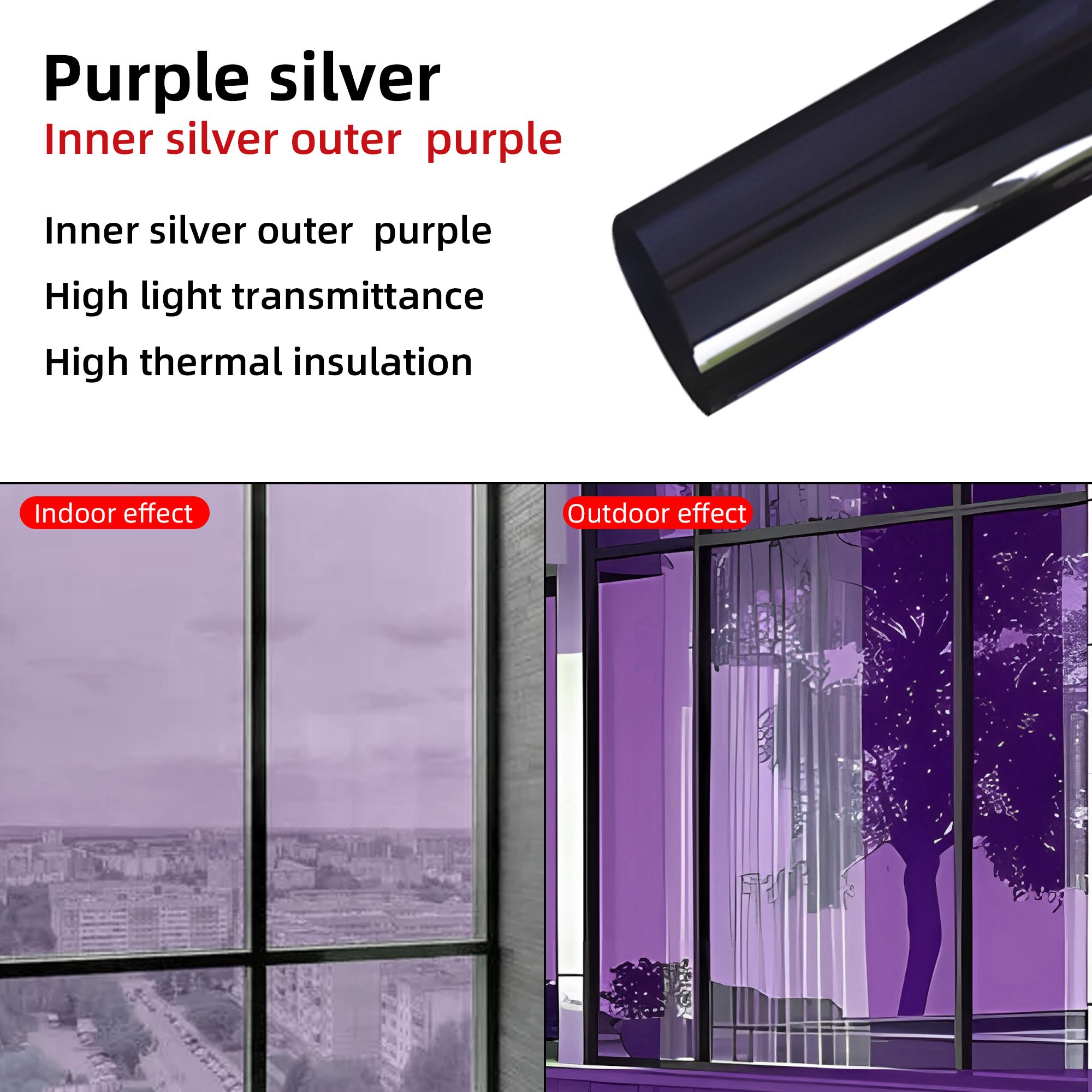 Purple Silver Color Effect One-Way Privacy Protective Architectural Film PET Material for Indoor Home Decoration Protective Film