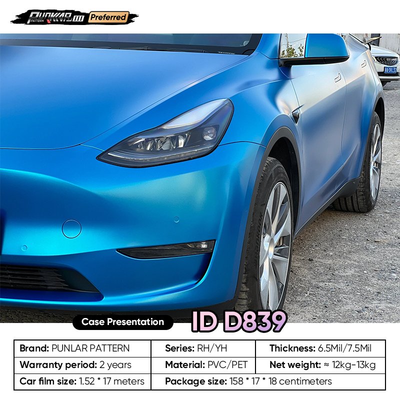 Matte metallic luster Blue Car Wrap Vinyl PET High-Gloss PVC Film 1.52CM Width Car Stickers Waterproof Color-Changing Film