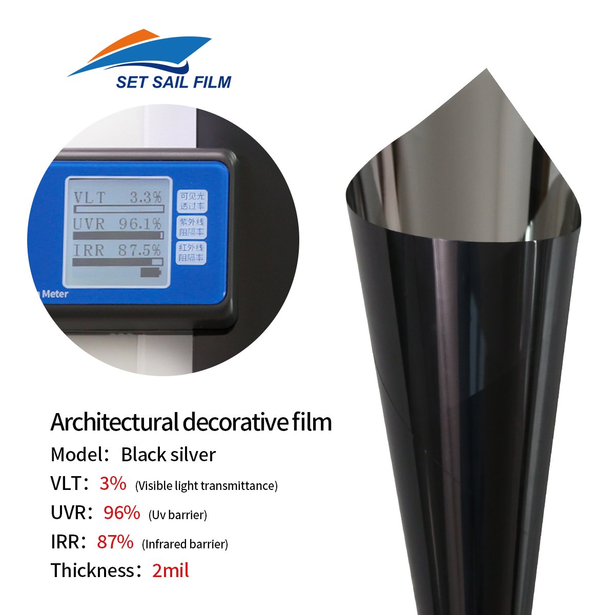 1.52*30M Reflective Heat Reject Stay Cool Black Silver UV96% Protect Privacy Black Silver Building Window film