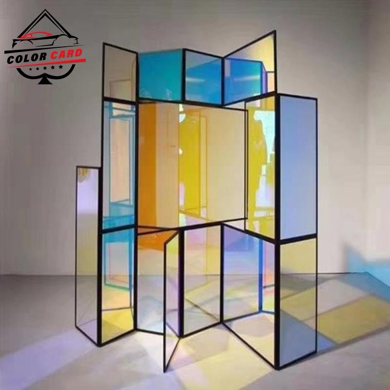 Chameleon Self Adhesive Decoration Dichroic Red Blue Holographic Rainbow Shopping Mall Commercial Office Glass Window Tint Film