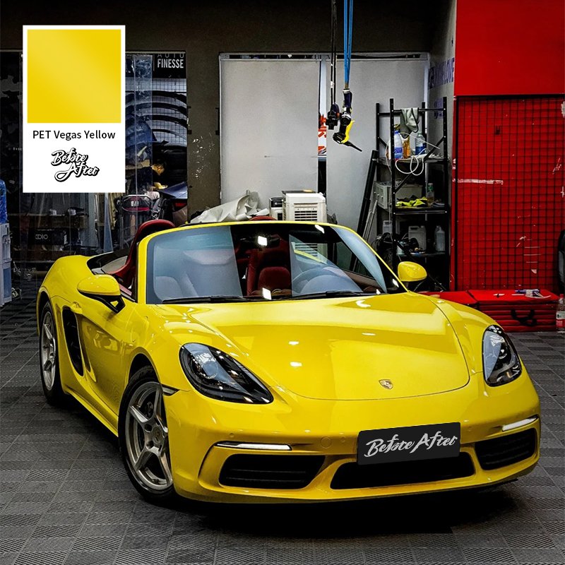 BeforeAfter1.52*17m Best selling Color Super Glossy Vegas Yellow Car decoration Wrapping Vinyl Film Satin Car