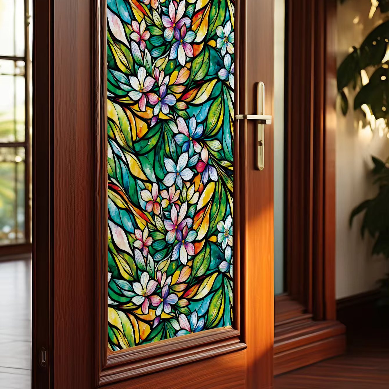 Self adhesive retro thickened watercolor green plant series refurbished electrostatic adsorption glass film, window privacy film