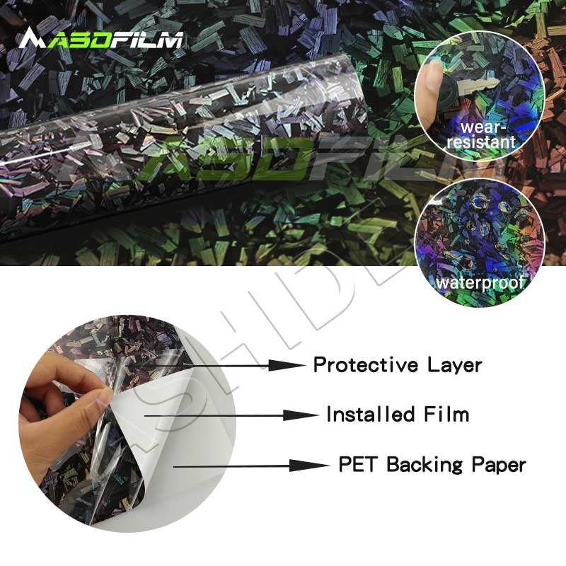 1.52*18m Car Sticker Gloss Rainbow Laser Forged Carbon Black Car Decoration Film Vinyl Wrap PET Forged Carbon Fiber Car Wrap