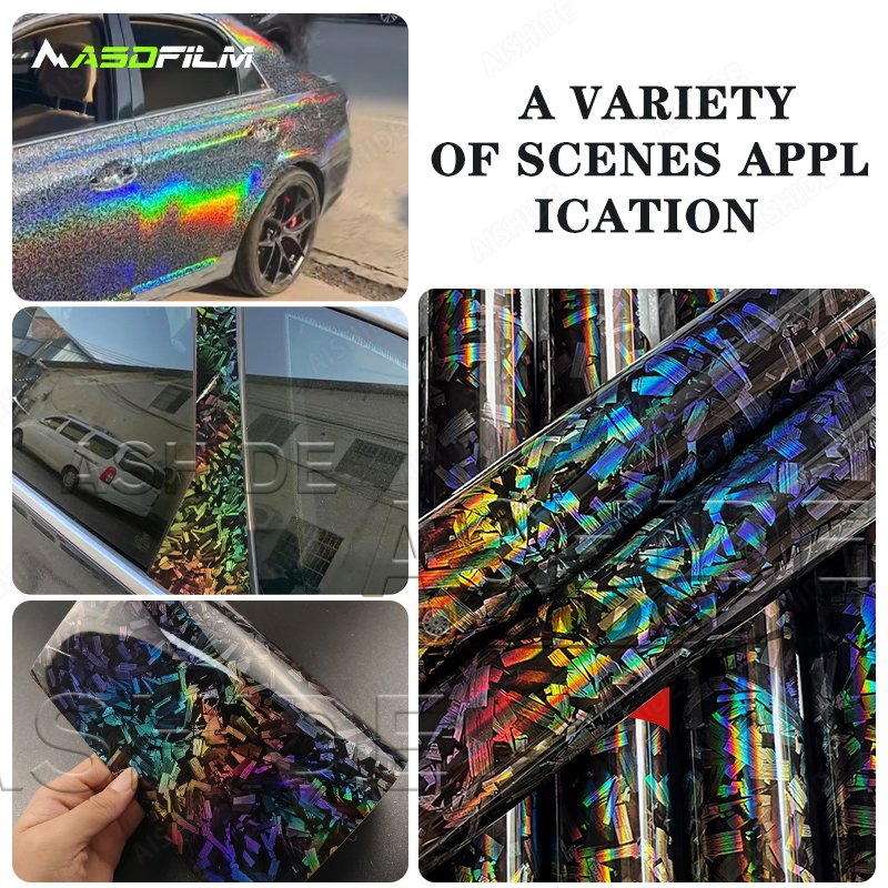 1.52*18m Car Sticker Gloss Rainbow Laser Forged Carbon Black Car Decoration Film Vinyl Wrap PET Forged Carbon Fiber Car Wrap
