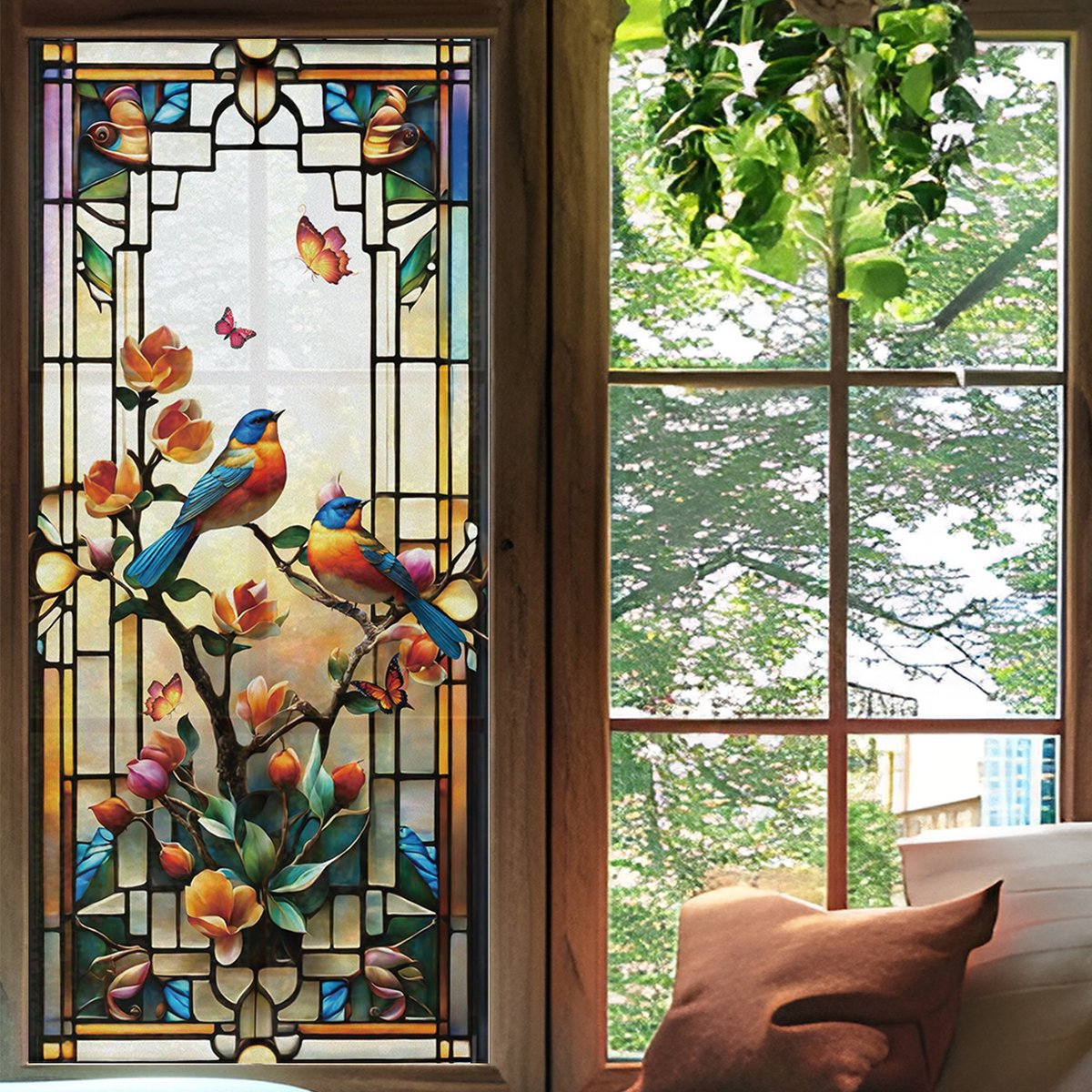 Colorful retro flower and bird PVC electrostatic glass sticker non adhesive window film removable glass window decoration