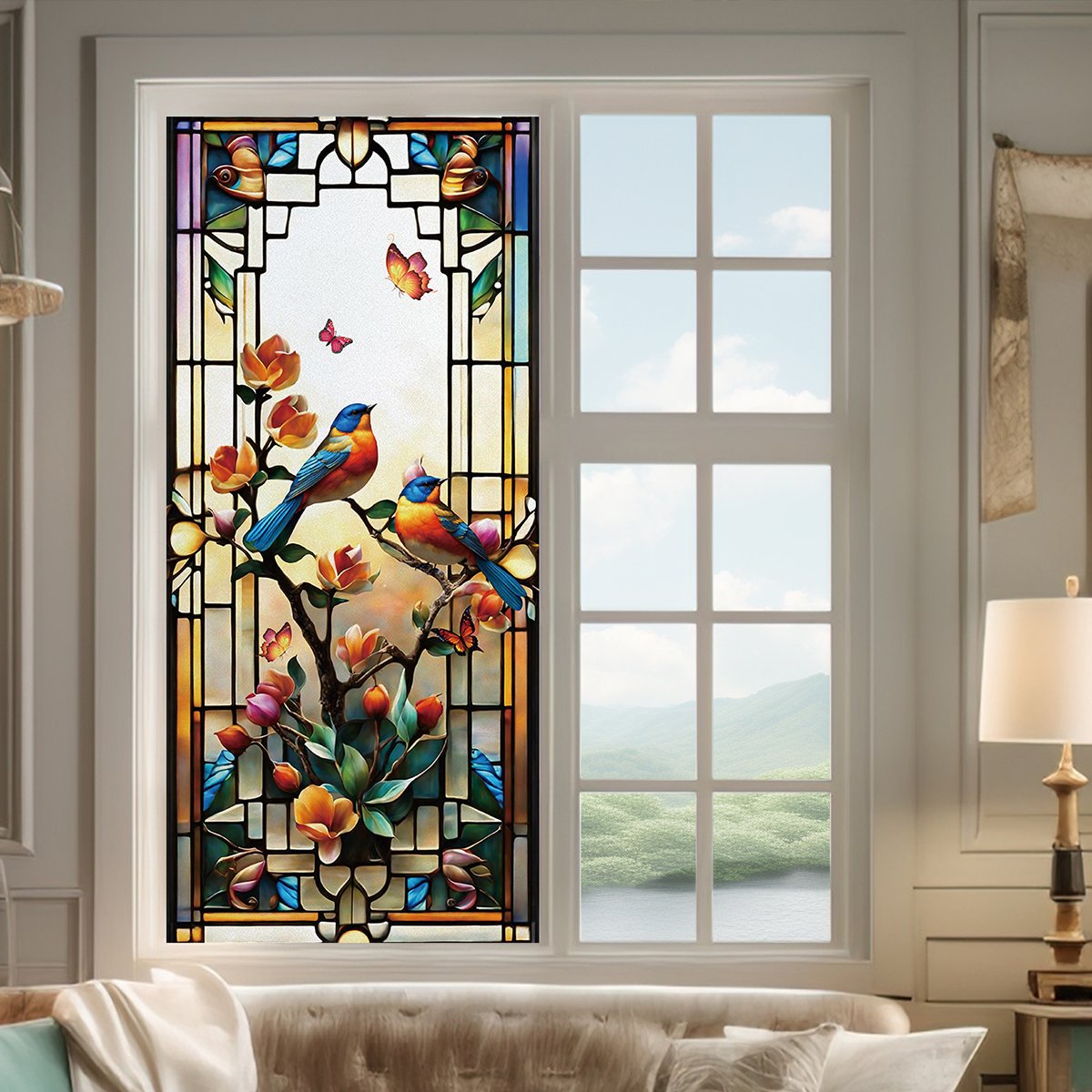 Colorful retro flower and bird PVC electrostatic glass sticker non adhesive window film removable glass window decoration