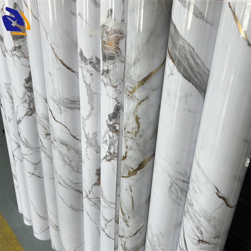 PUR Laminating High Glossy Marble PVC Decorative Films For WPC Fluted Board Glided Marble Furniture Film For PVC Wall Panels