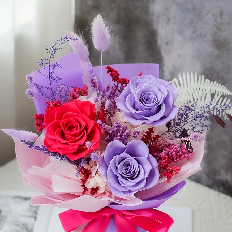 Lovebay Best Selling Preserved Real Flower Purple Roses for Women Gift Eternal Floral Bouquet Forever Preserved Flowers Bouquet