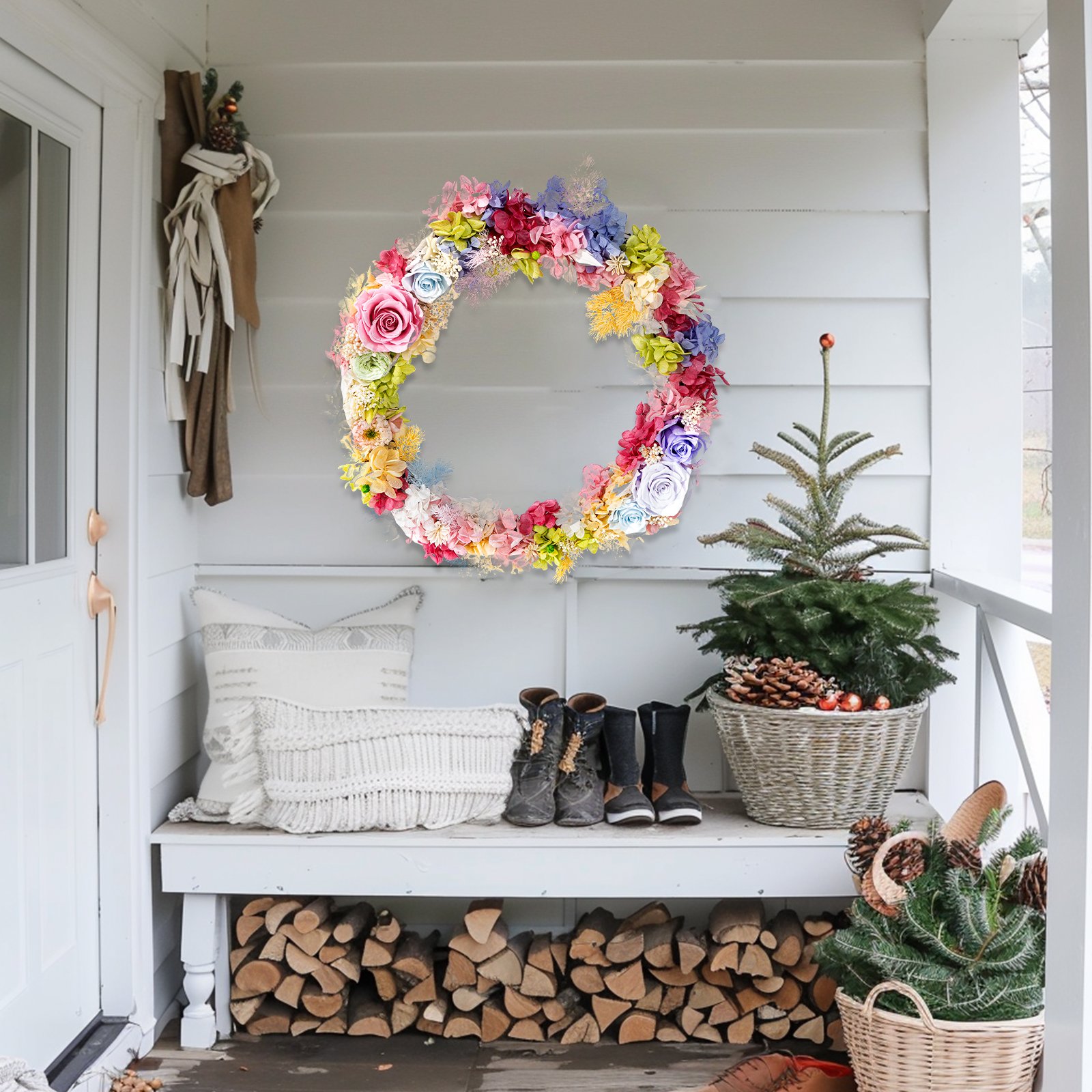 33cm Christmas Decoration Supplier New Year Christmas Door Decoration Preserved Flower Christmas Tree Floral Garland Wreath