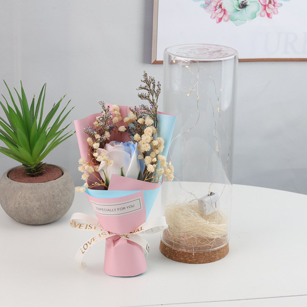Glass Dome Eternal Dried Flowers Bouquet Soap Sunflower Carnation Rose with Gift bag for New Year Mother's Day Valentines Day