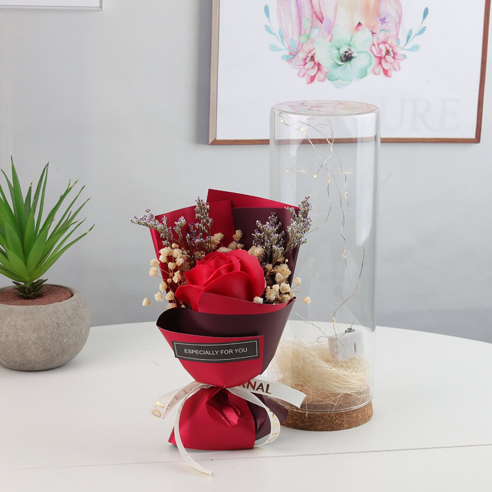 Glass Dome Eternal Dried Flowers Bouquet Soap Sunflower Carnation Rose with Gift bag for New Year Mother's Day Valentines Day
