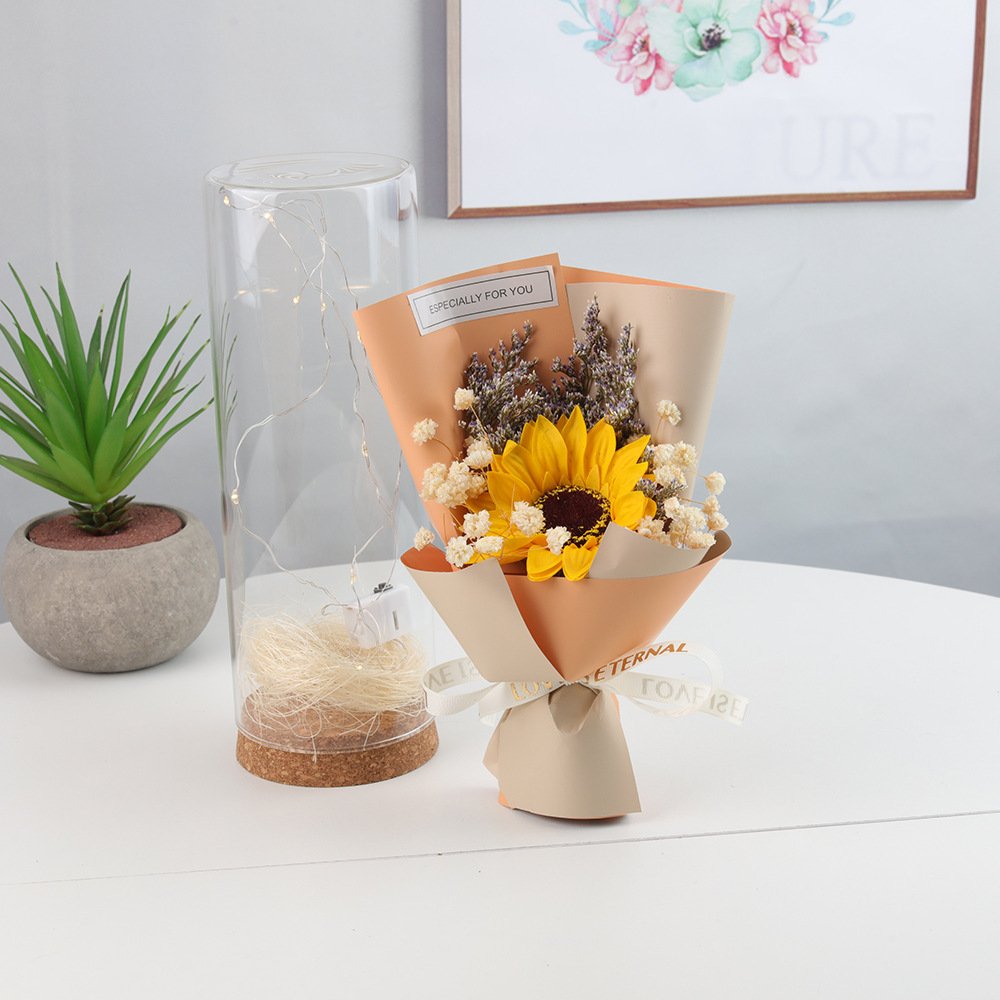 Glass Dome Eternal Dried Flowers Bouquet Soap Sunflower Carnation Rose with Gift bag for New Year Mother's Day Valentines Day