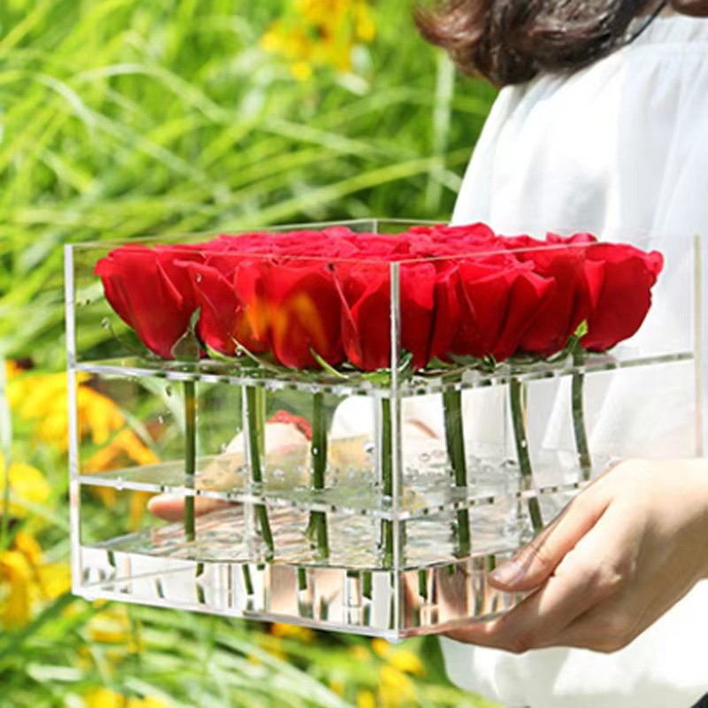 Luxury Custom Printed Clear Acrylic Flower Box with Holes Silk Screen Printing Rose Flowers or Cosmetics Transparent Flower box