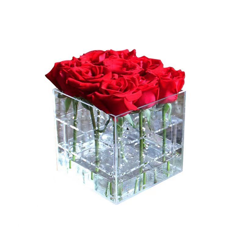 Luxury Custom Printed Clear Acrylic Flower Box with Holes Silk Screen Printing Rose Flowers or Cosmetics Transparent Flower box