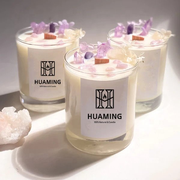 Huaming Custom Handmade Wooden Fragrance Chakra Candle Luxury Healing Gemstone Crystal Soy Wax Scented Candles with Dried Flower
