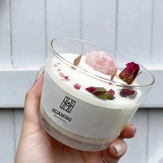 Huaming Custom Handmade Wooden Fragrance Chakra Candle Luxury Healing Gemstone Crystal Soy Wax Scented Candles with Dried Flower