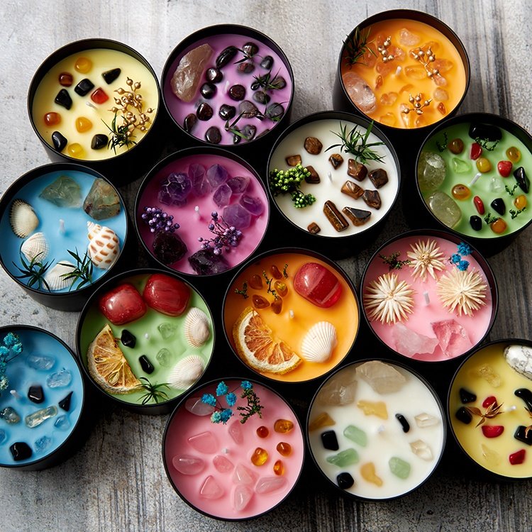 Black Tin Dried Flower Fruit Aromatherapy Custom Healing Crystal Irregular Shape Clear Quartz Scented Candle