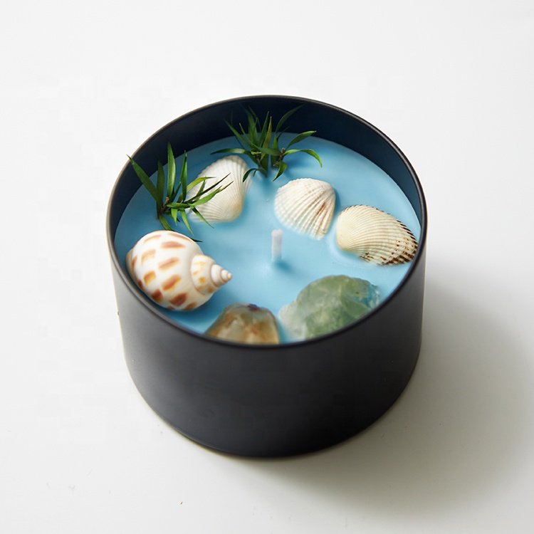 Black Tin Dried Flower Fruit Aromatherapy Custom Healing Crystal Irregular Shape Clear Quartz Scented Candle