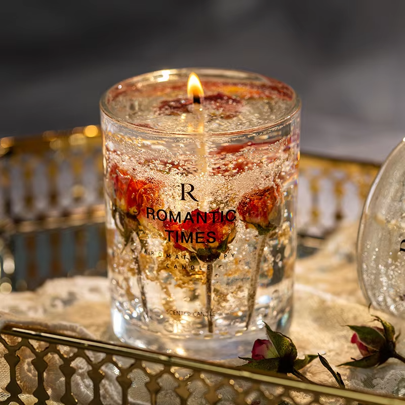Wholesale Rose Dried Flower Jelly Candle Soy Wax Scented Candle Glass Scented Candle as Gift