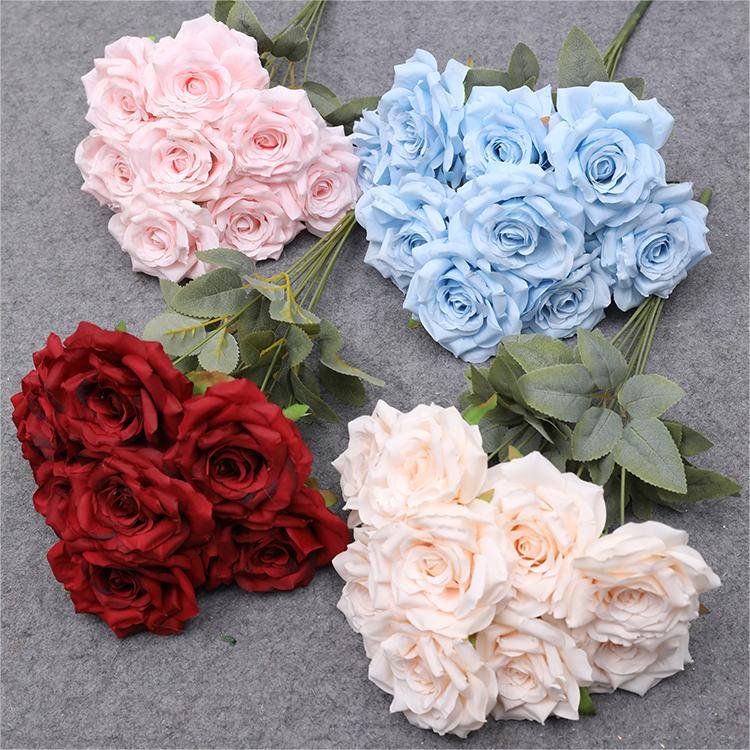 Hot Selling White 9 heads Rose Wholesale Price Artificial Flower Bouquet Silk Rose Wedding Decorative Bouquet