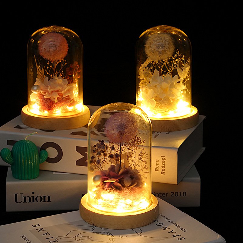 Sweetie Summer Gift Dried Dandelion Ball Preserved In Glass With Everlasting Rose Flower Preserved